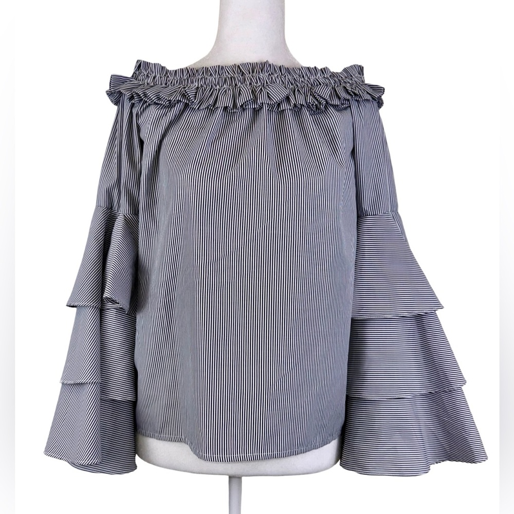 AQUA BLACK AND WHITE OFF THE SHOULDER BLOUSE